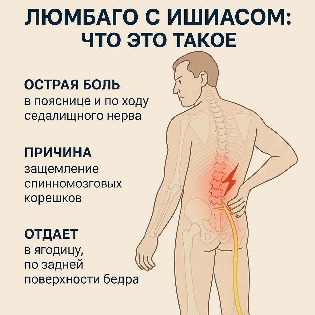 Инфографика: люмбаго с ишиасом — схема распространения боли